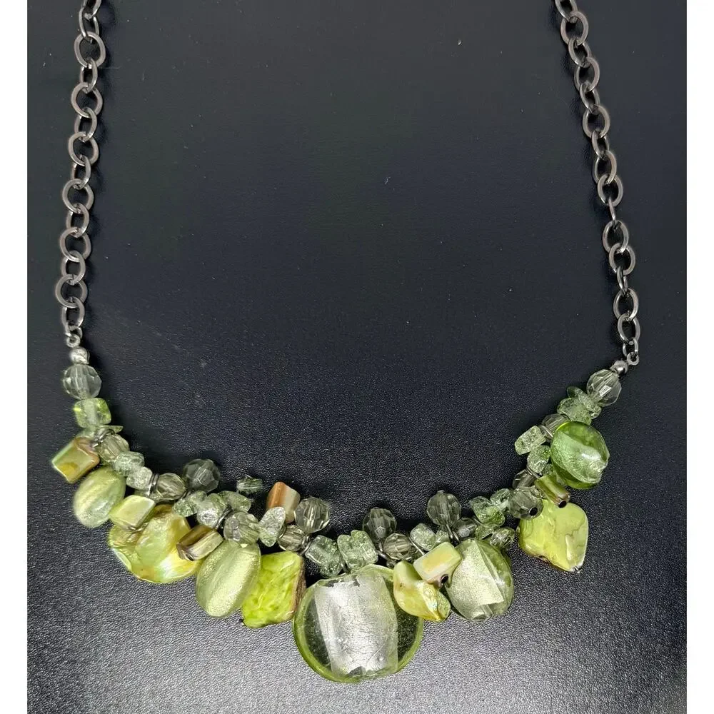 Green Mother of Pearl Glass Statement Necklace Gunmetal Adjustable 19-22”